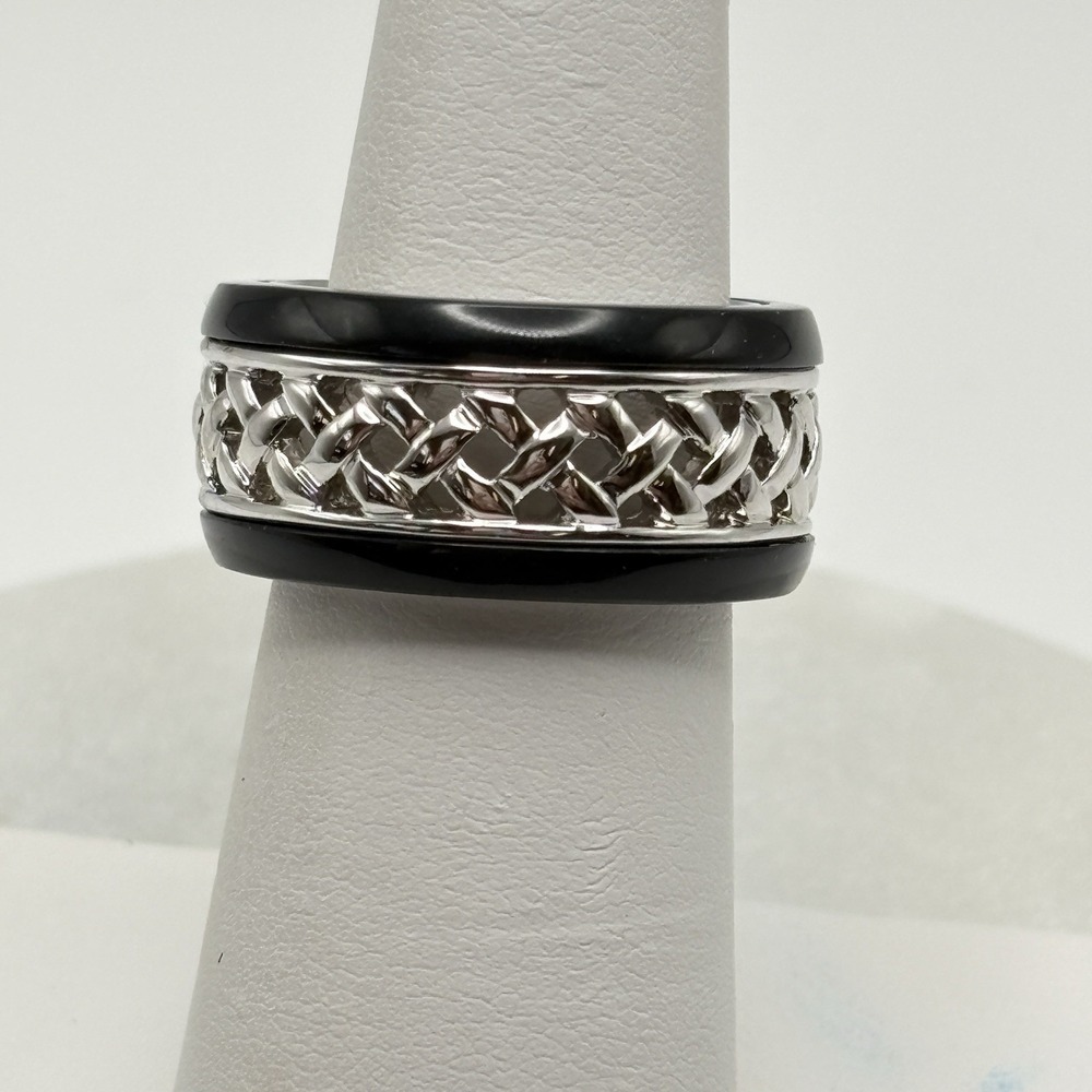 Rhodium Plated Band Ring 6 Black Lucite Woven Silver Tone NWOT Camille Lucie